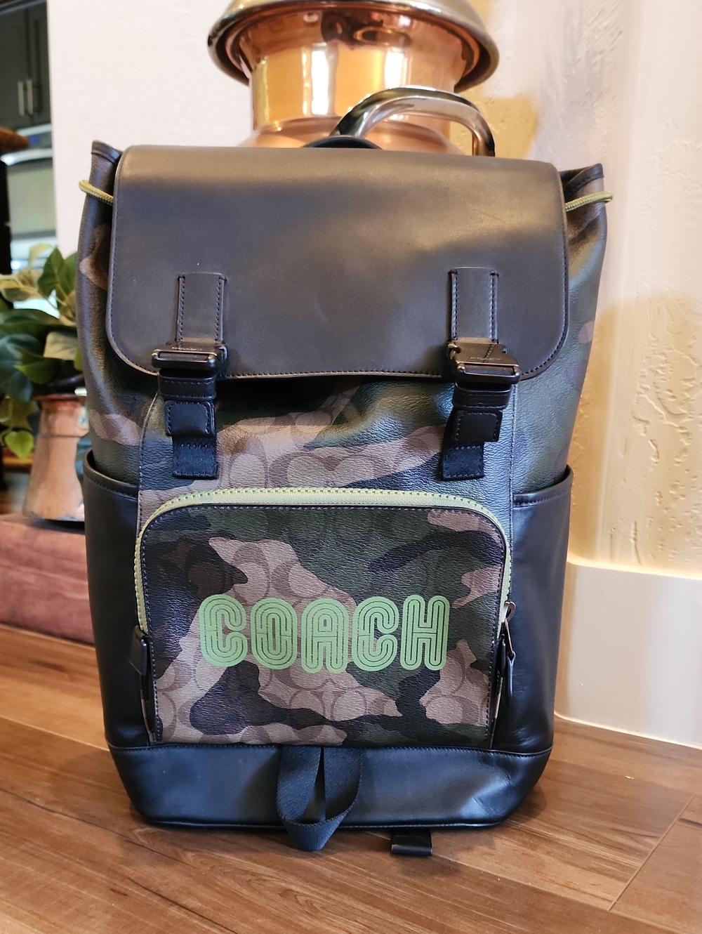 Coach Men's Camo Backpack with Black Leather Flap and Lime Green Logo